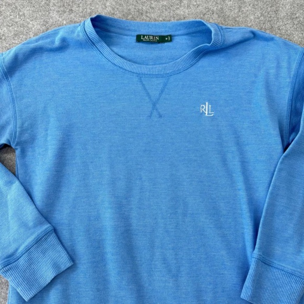 Lauren Ralph Lauren Blue Pique Knit Long Sleeve Crewneck Top LRL Monogram Preppy - Picture 2 of 10